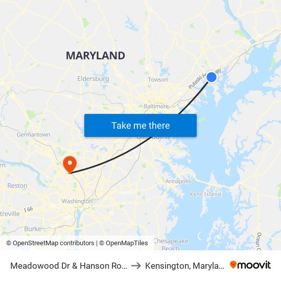 Meadowood Dr & Hanson Road to Kensington, Maryland map