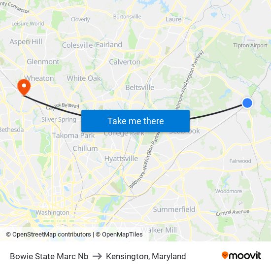 Bowie State Marc Nb to Kensington, Maryland map