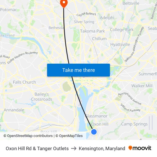 Oxon Hill Rd & Tanger Outlets to Kensington, Maryland map