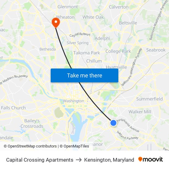 Capital Crossing Apartments to Kensington, Maryland map