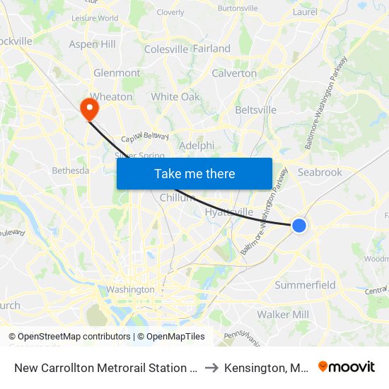New Carrollton Metrorail Station at Bus Bay F to Kensington, Maryland map