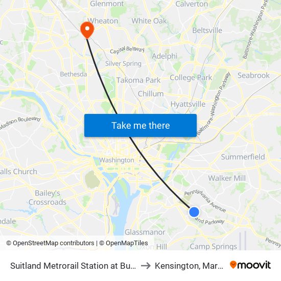 Suitland Metrorail Station at Bus Bay D to Kensington, Maryland map