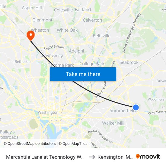 Mercantile Lane at Technology Way (Kaiser Side) to Kensington, Maryland map