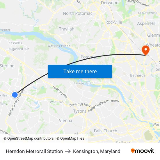 Herndon Metrorail Station to Kensington, Maryland map