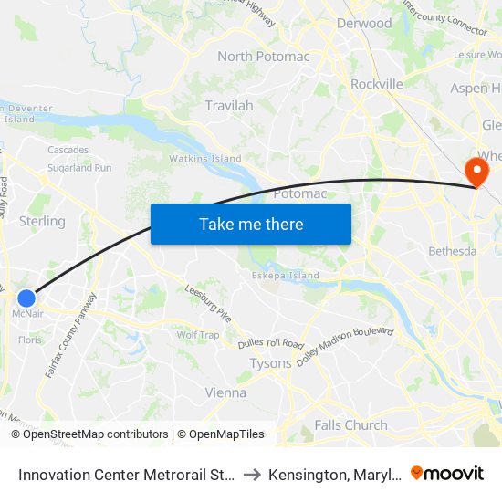 Innovation Center Metrorail Station to Kensington, Maryland map