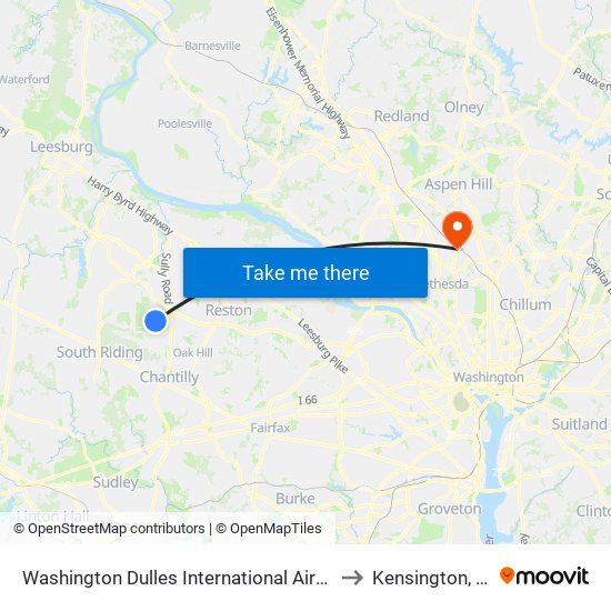 Washington Dulles International Airport Metrorail Station to Kensington, Maryland map