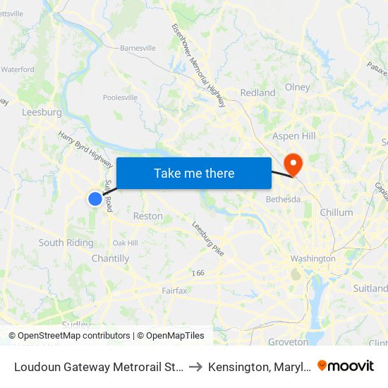 Loudoun Gateway Metrorail Station to Kensington, Maryland map