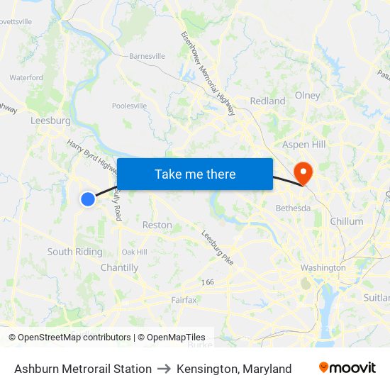 Ashburn Metrorail Station to Kensington, Maryland map