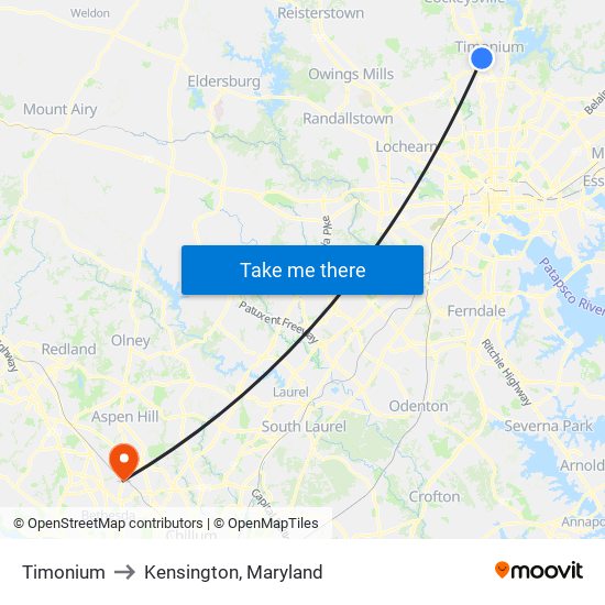 Timonium to Kensington, Maryland map