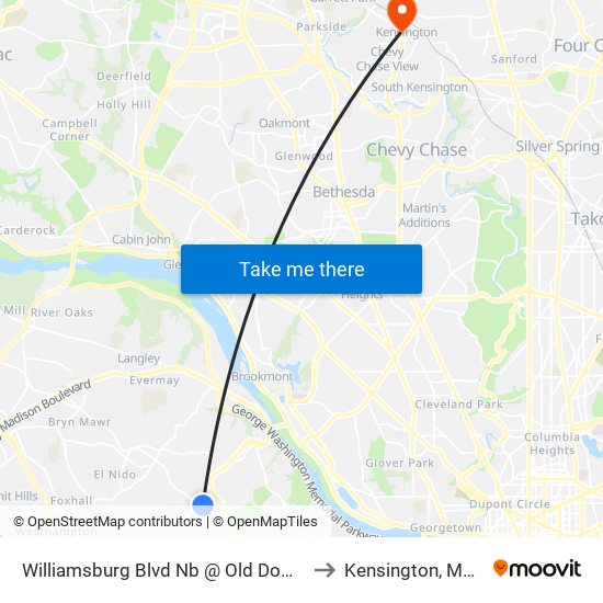 Williamsburg Blvd Nb @ Old Dominion Dr FS to Kensington, Maryland map