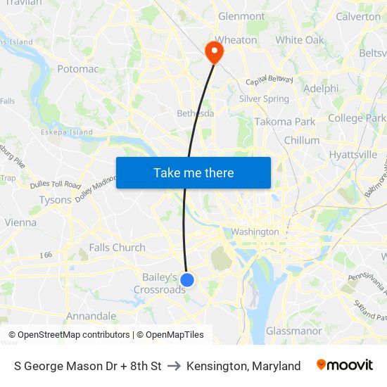 S George Mason Dr + 8th St to Kensington, Maryland map