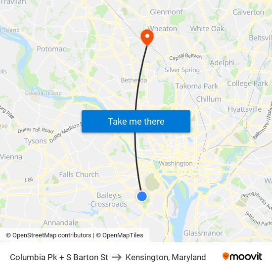 Columbia Pk + S Barton St to Kensington, Maryland map