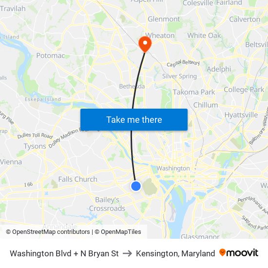 Washington Blvd + N Bryan St to Kensington, Maryland map