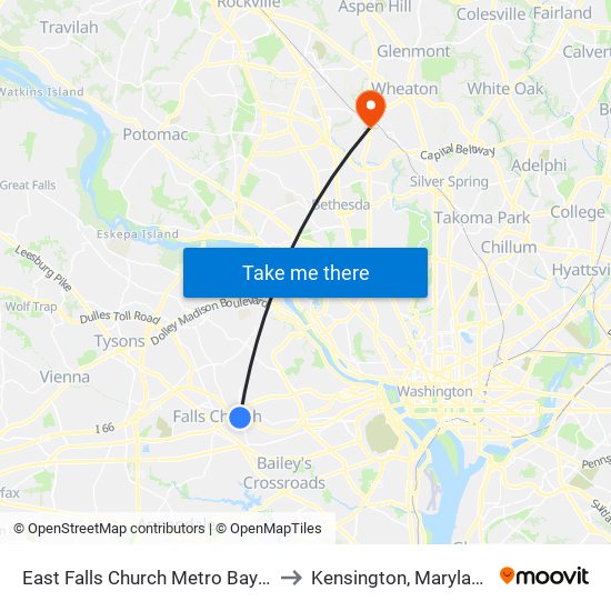 East Falls Church Metro Bay C to Kensington, Maryland map