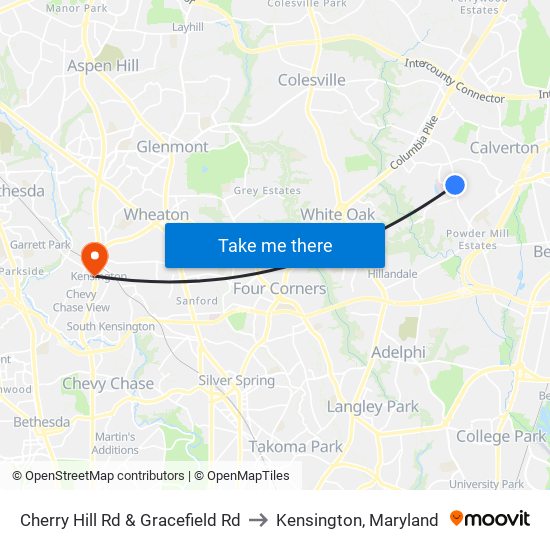 Cherry Hill Rd & Gracefield Rd to Kensington, Maryland map