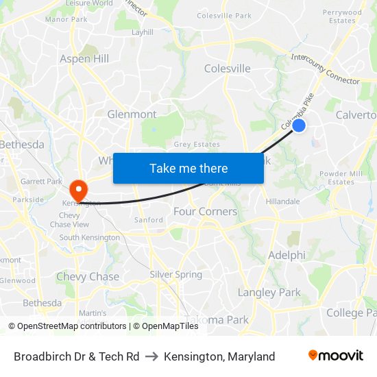 Broadbirch Dr & Tech Rd to Kensington, Maryland map