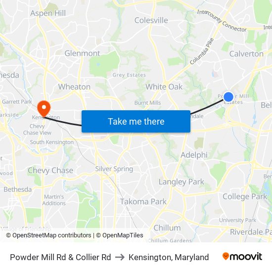 Powder Mill Rd & Collier Rd to Kensington, Maryland map