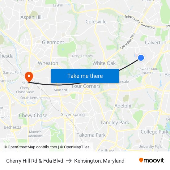 Cherry Hill Rd & Fda Blvd to Kensington, Maryland map