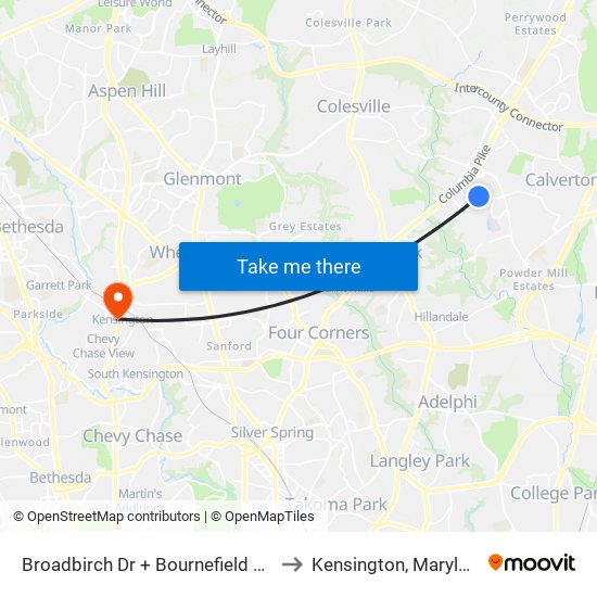 Broadbirch Dr + Bournefield Way to Kensington, Maryland map