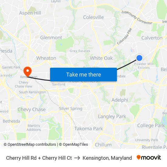 Cherry Hill Rd + Cherry Hill Ct to Kensington, Maryland map