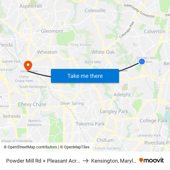 Powder Mill Rd + Pleasant Acres Dr to Kensington, Maryland map