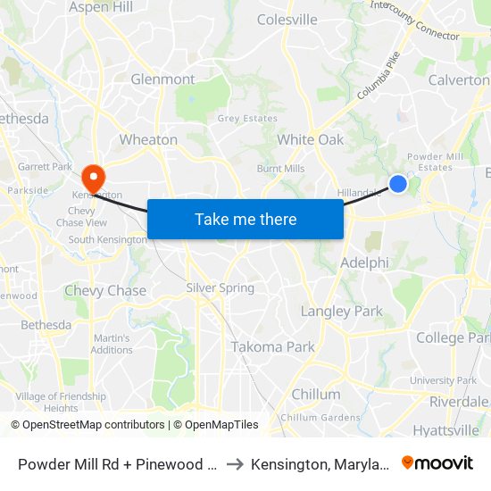 Powder Mill Rd + Pinewood Ct to Kensington, Maryland map