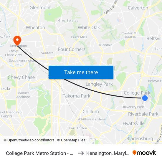 College Park Metro Station - Bay D to Kensington, Maryland map