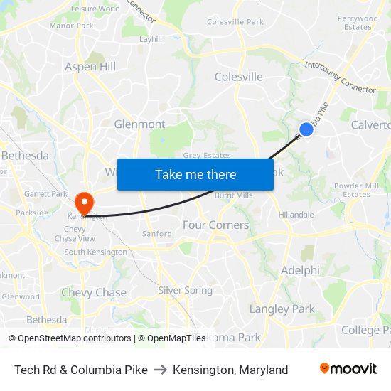 Tech Rd & Columbia Pike to Kensington, Maryland map