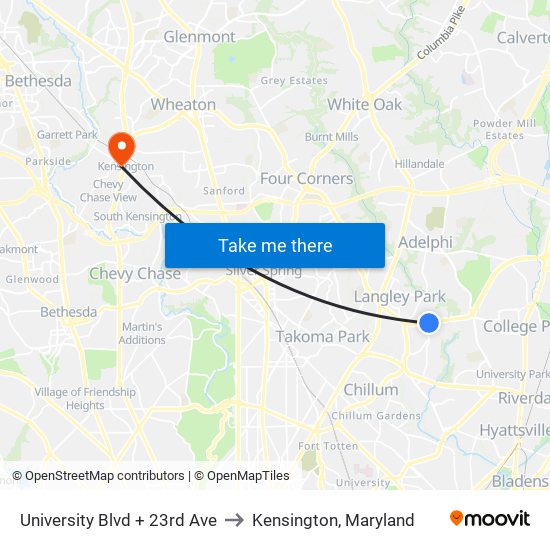 University Blvd + 23rd Ave to Kensington, Maryland map