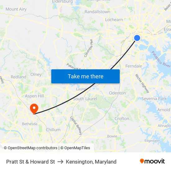 Pratt St & Howard St to Kensington, Maryland map