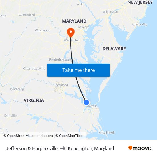 Jefferson & Harpersville to Kensington, Maryland map