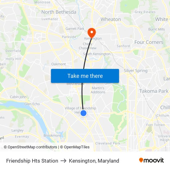 Friendship Hts Station to Kensington, Maryland map