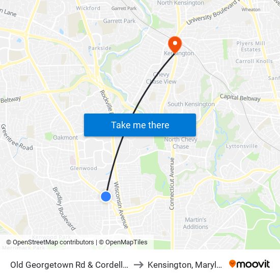 Old Georgetown Rd & Cordell Ave to Kensington, Maryland map