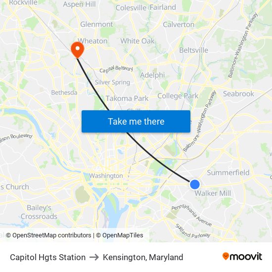 Capitol Hgts Station to Kensington, Maryland map