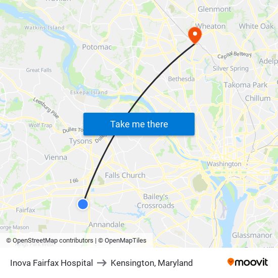 Inova Fairfax Hospital to Kensington, Maryland map