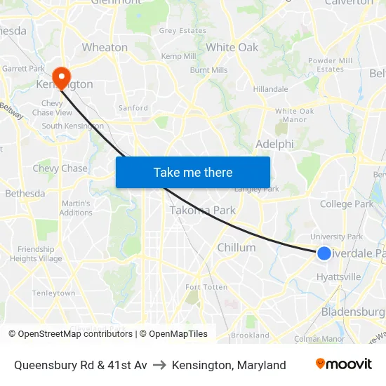 Queensbury Rd & 41st Av to Kensington, Maryland map