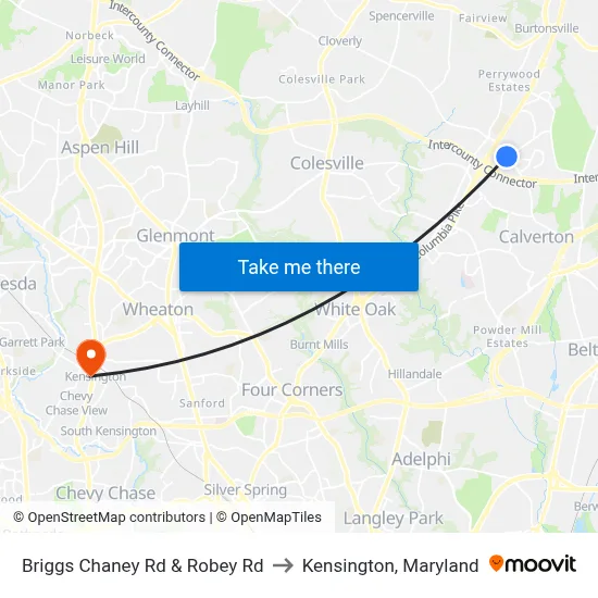 Briggs Chaney Rd & Robey Rd to Kensington, Maryland map