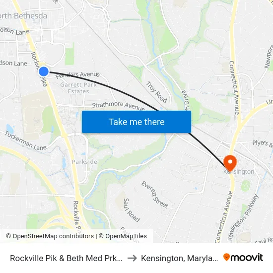 Rockville Pik & Beth Med Prk Dr to Kensington, Maryland map