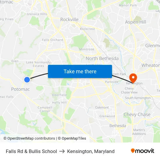Falls Rd & Bullis School to Kensington, Maryland map