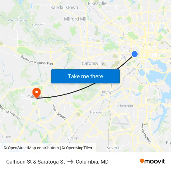 Calhoun St & Saratoga St to Columbia, MD map
