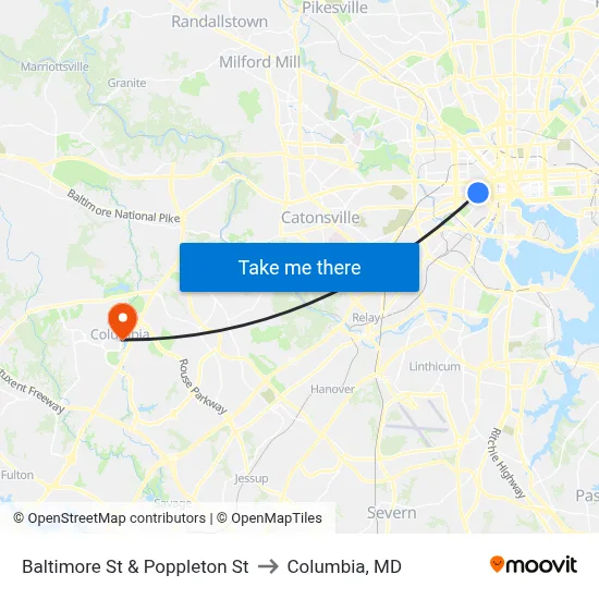 Baltimore St & Poppleton St to Columbia, MD map