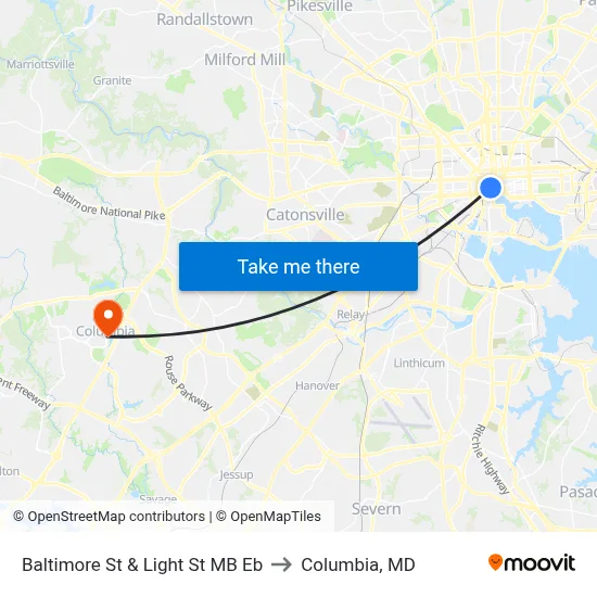 Baltimore St & Light St MB Eb to Columbia, MD map