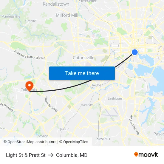 Light St & Pratt St to Columbia, MD map