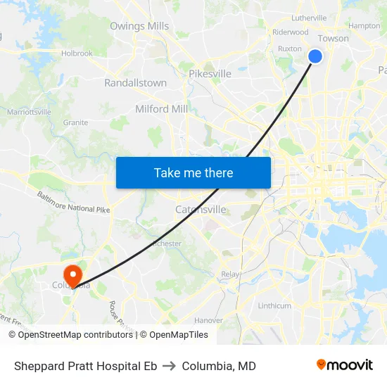 Sheppard Pratt Hospital Eb to Columbia, MD map