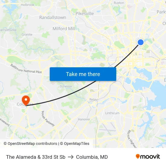 The Alameda & 33rd St Sb to Columbia, MD map