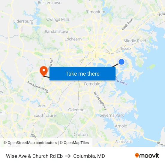 Wise Ave & Church Rd Eb to Columbia, MD map