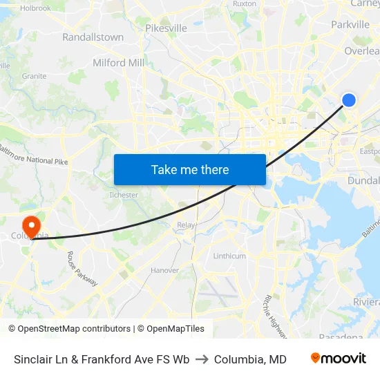 Sinclair Ln & Frankford Ave FS Wb to Columbia, MD map