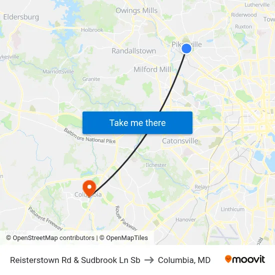 Reisterstown Rd & Sudbrook Ln Sb to Columbia, MD map