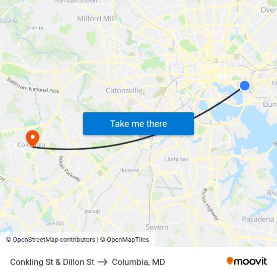 Conkling St & Dillon St to Columbia, MD map