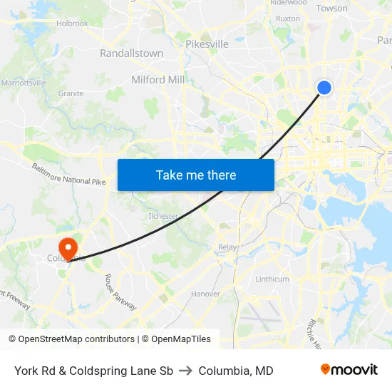York Rd & Coldspring Lane Sb to Columbia, MD map